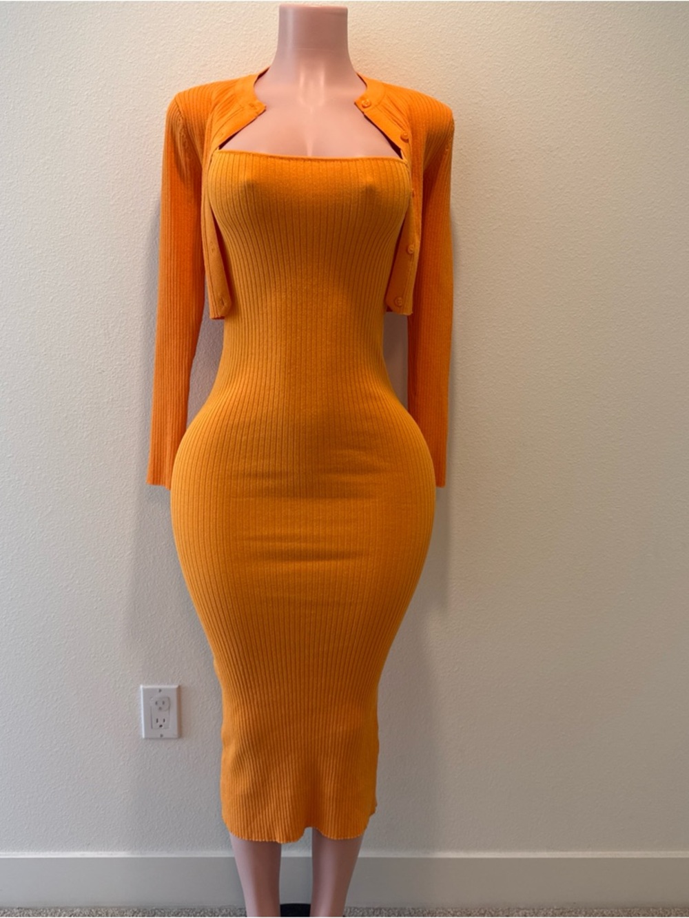 Zara Orange Ribbed Strapless Midi Dress with Cropped Cardigan